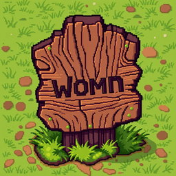A pixel art representation of a wooden sign, featuring a rustic appearance with detailed wood grain texture