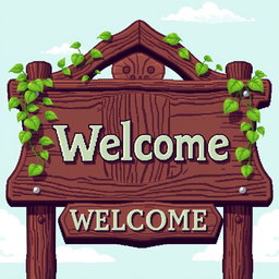 A beautifully detailed wooden sign depicted in pixel art style