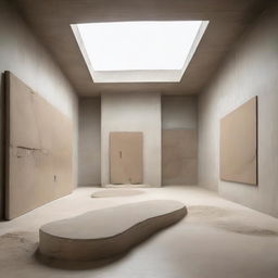 A vast, breathtaking avant-garde concrete gallery with a beach-like floor full of sand and mini dunes. Diverse artworks grace the walls, capturing the viewer's attention. The scene is peppered with tiny silhouettes, each deeply engrossed in viewing the artwork, captured in an architectural photography style.