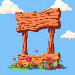 A vibrant pixel art style wooden sign, featuring a rustic and detailed texture that emphasizes the grain of the wood