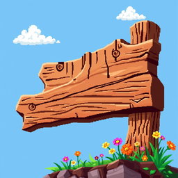 A vibrant pixel art style wooden sign, featuring a rustic and detailed texture that emphasizes the grain of the wood