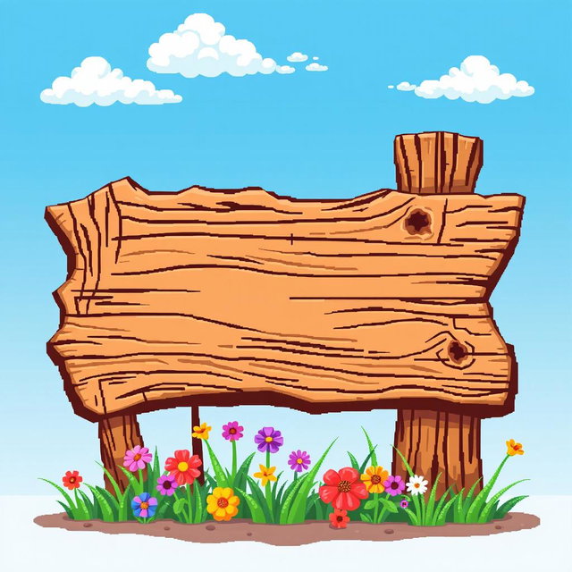A vibrant pixel art style wooden sign, featuring a rustic and detailed texture that emphasizes the grain of the wood