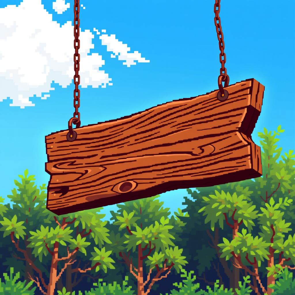 A wooden sign depicted in pixel art style, showcasing a rustic and vintage appearance