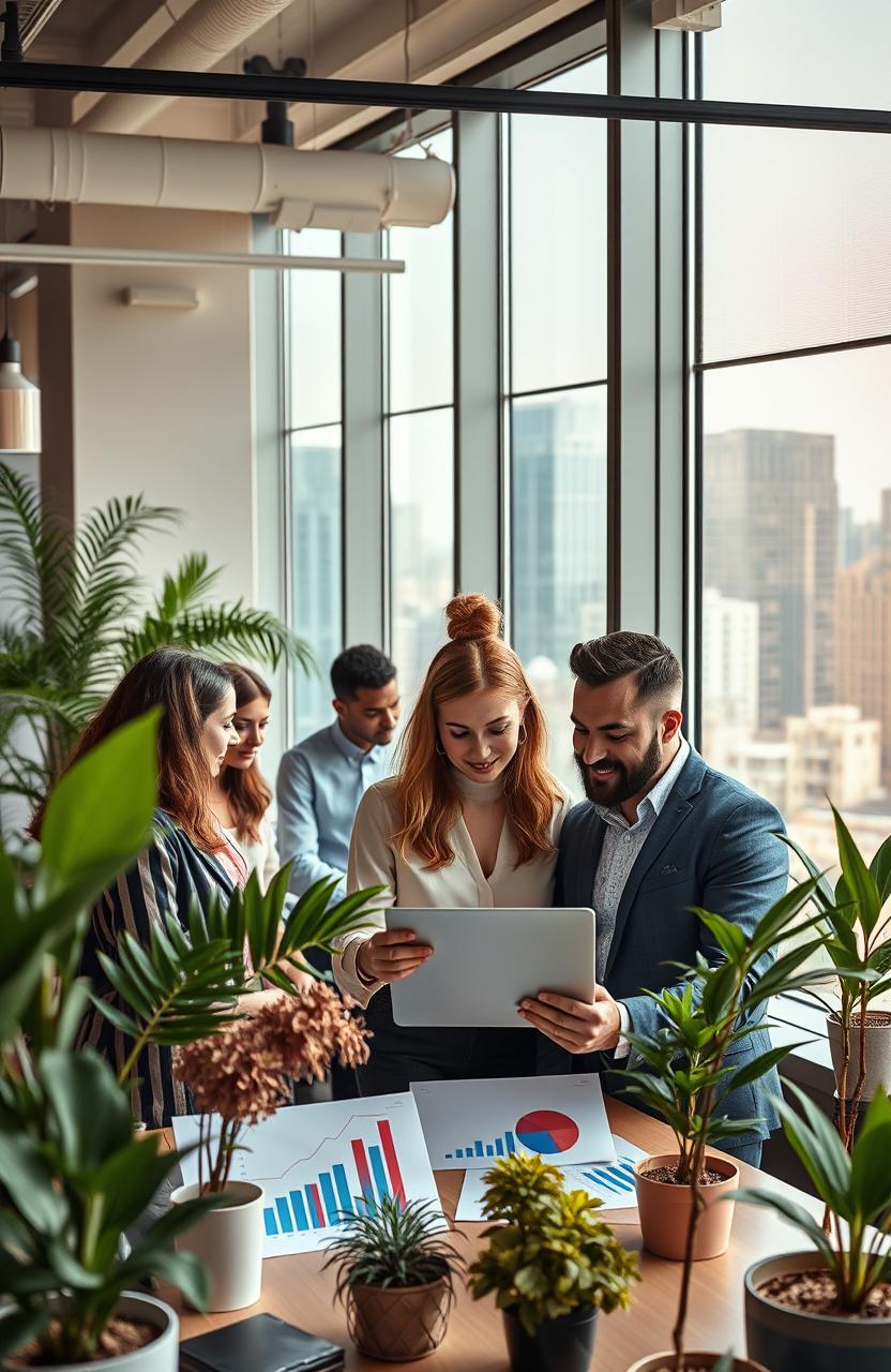 A vibrant and inspiring scene of successful entrepreneurship, showcasing a diverse group of individuals in a modern, stylish office environment