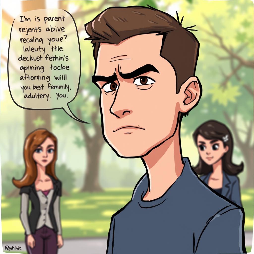 A cartoon-style drawing depicting a serious-looking man with short hair, frowning as he firmly rejects a feminine figure beside him