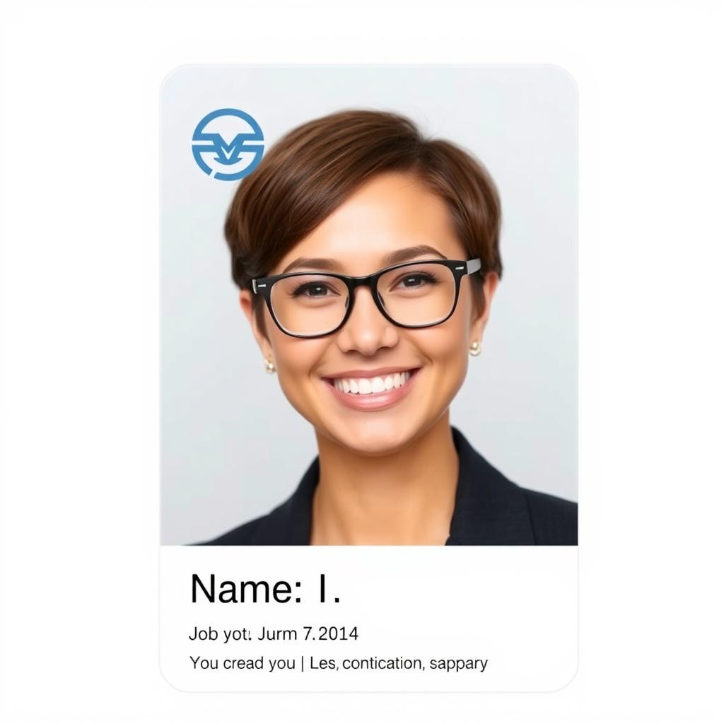 A photo ID that features a person smiling warmly, wearing a professional outfit, with clear lighting and a neutral background