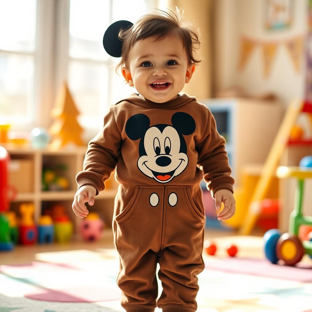 A cute 2-year-old child wearing a brown Mickey Mouse jumpsuit, standing in a cheerful, playful pose
