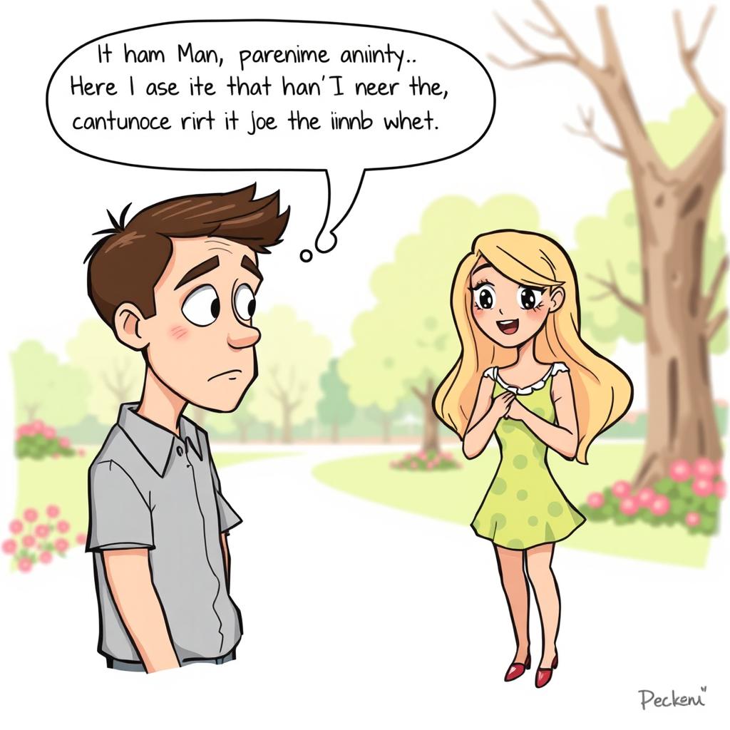 A cartoon-style drawing featuring a man with a contemplative expression, gently rejecting a feminine figure