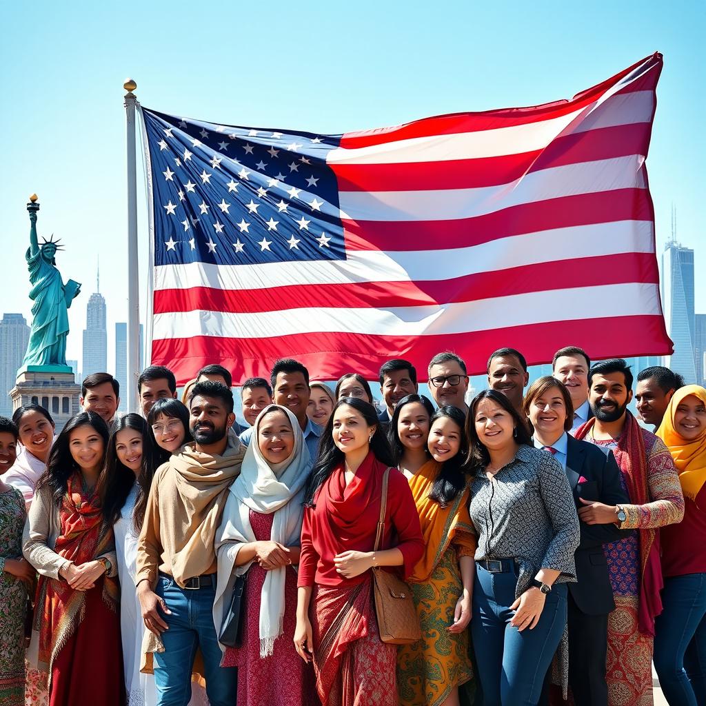 A diverse group of people standing in front of the American flag, symbolizing immigration to the USA