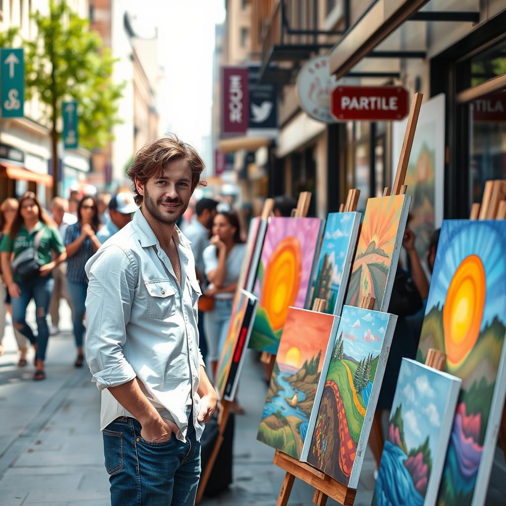 A creative street scene featuring a charismatic man in his 30s passionately selling his vibrant artwork