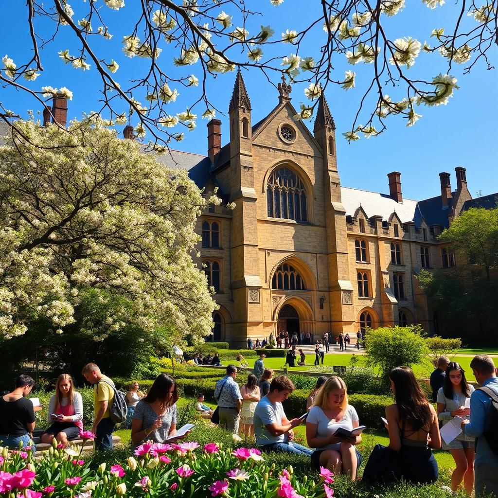 A picturesque view of a historic French university, with an iconic stone building featuring gothic architecture, surrounded by lush greenery and blooming flowers in the foreground