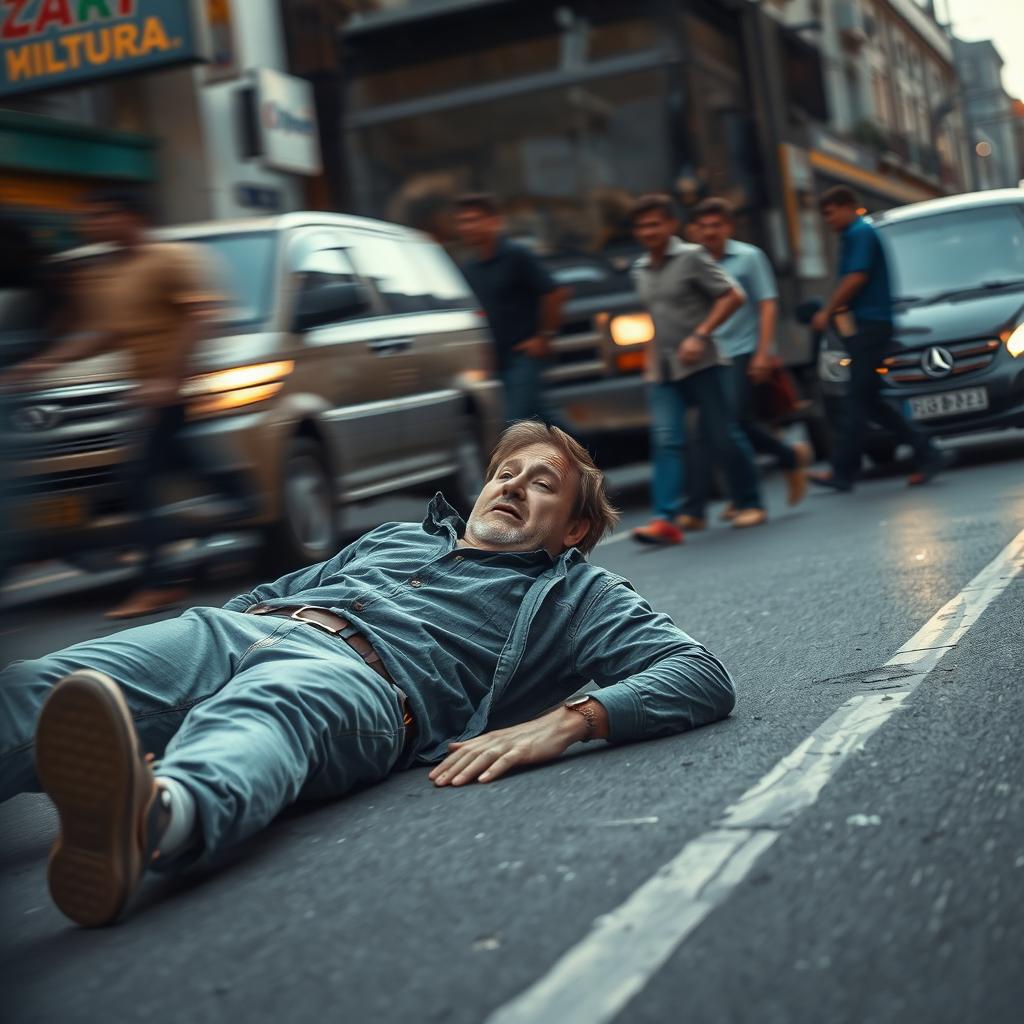 A dramatic scene of a man lying on the ground after being hit by a truck