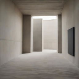 A vast, breathtaking avant-garde concrete gallery with a beach-like floor full of sand and mini dunes. Diverse artworks grace the walls, capturing the viewer's attention. The scene is peppered with tiny silhouettes, each deeply engrossed in viewing the artwork, captured in an architectural photography style.