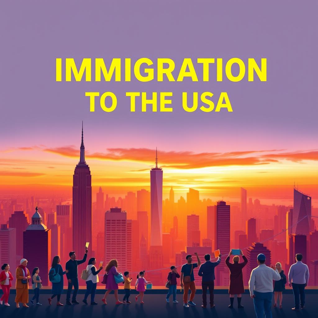 A visually striking book cover about immigration to the USA featuring a panoramic view of NYC's iconic skyscrapers