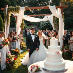 A beautifully decorated outdoor wedding scene featuring a stunning bride in an elegant white gown and a handsome groom in a sharp black tuxedo