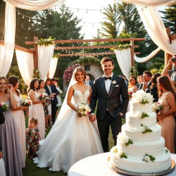 A beautifully decorated outdoor wedding scene featuring a stunning bride in an elegant white gown and a handsome groom in a sharp black tuxedo