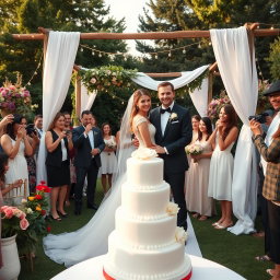 A beautifully decorated outdoor wedding scene featuring a stunning bride in an elegant white gown and a handsome groom in a sharp black tuxedo