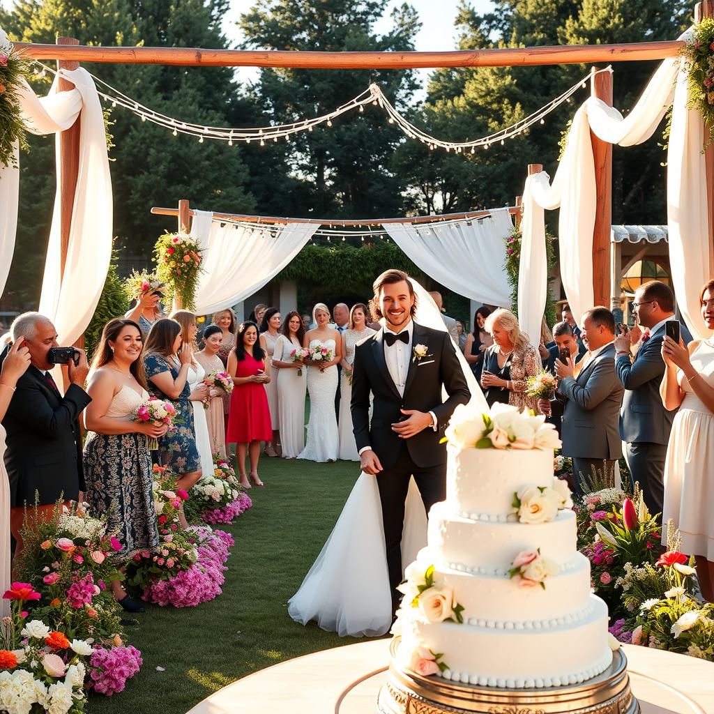 A beautifully decorated outdoor wedding scene featuring a stunning bride in an elegant white gown and a handsome groom in a sharp black tuxedo
