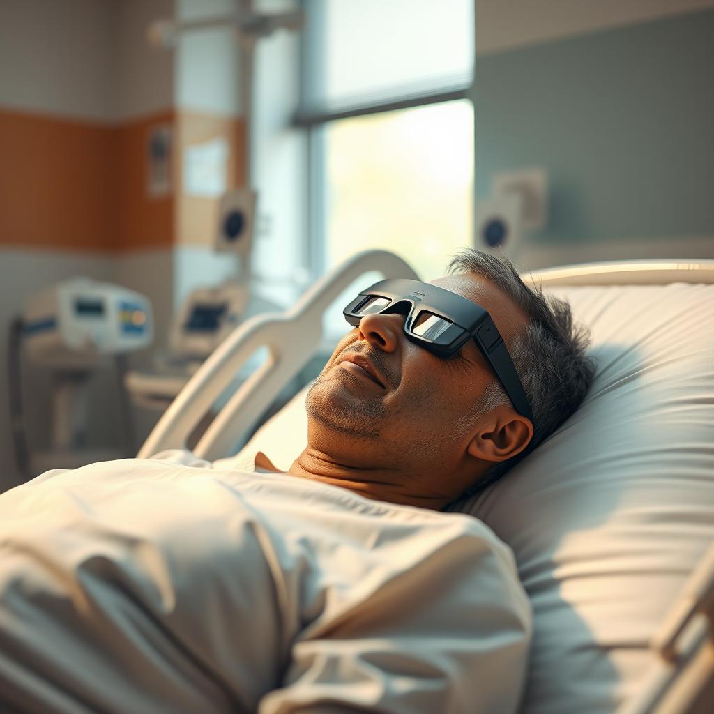 A serene scene of a blind man resting on a hospital bed, surrounded by soft, warm lighting