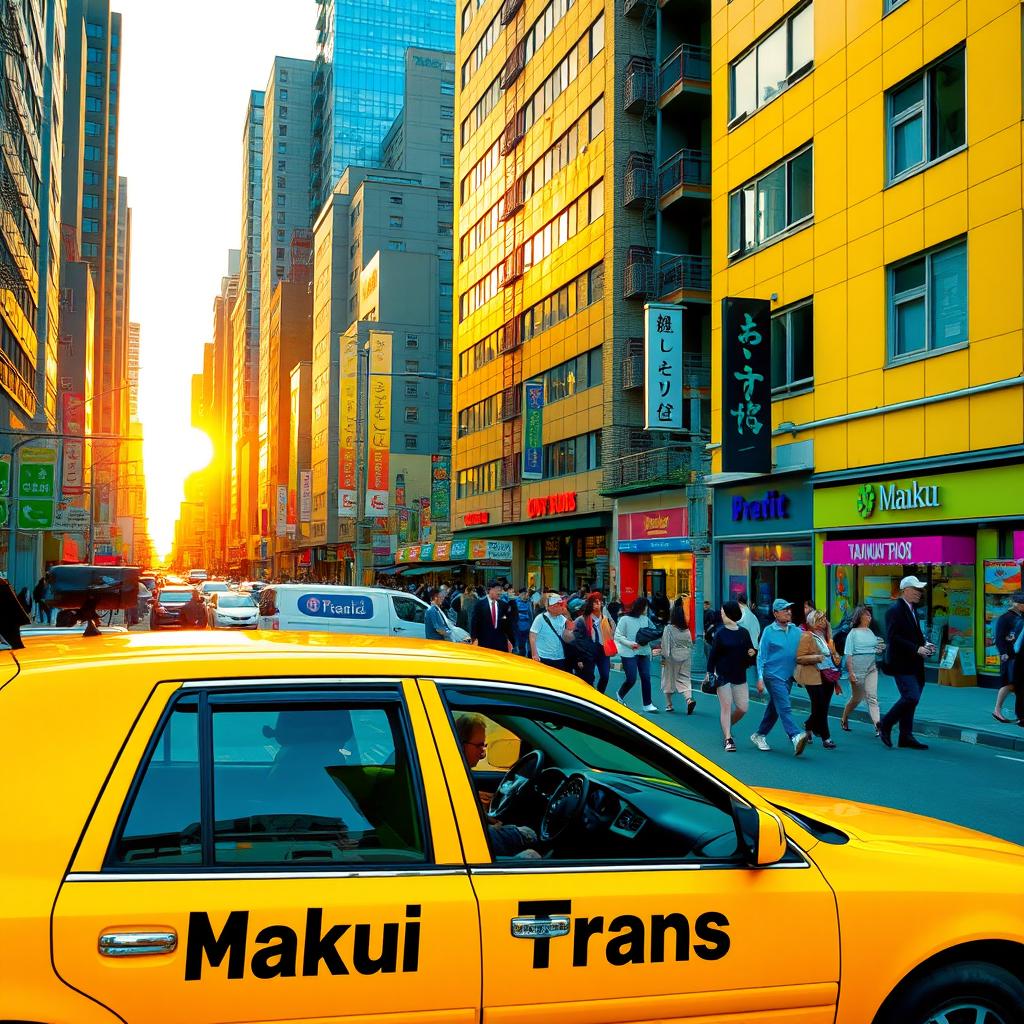 A vibrant city scene depicting a yellow taxi with the name 'Maku Trans' on its side