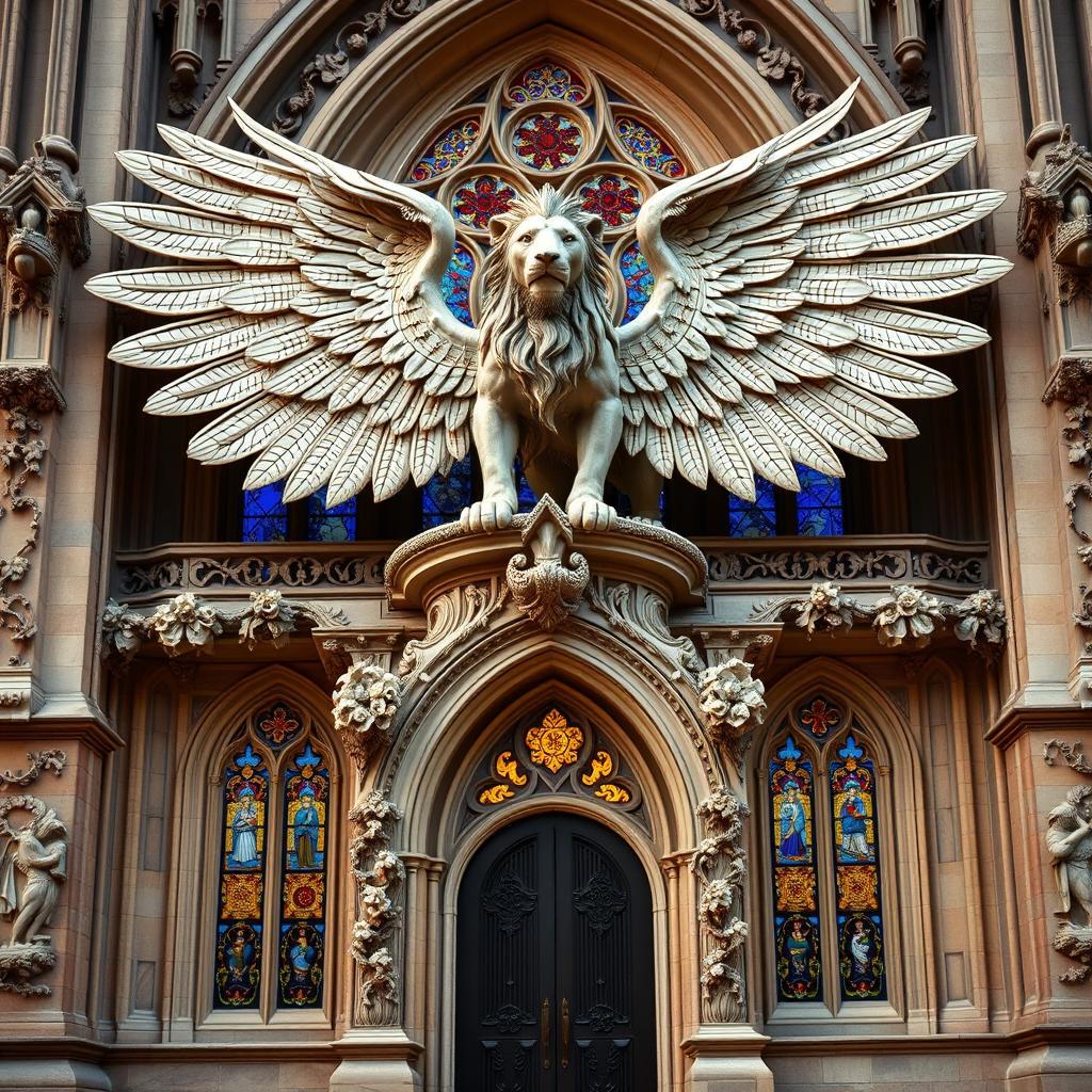 An ornate church facade inspired by a majestic winged lion, featuring intricate stone carvings and gothic architectural elements