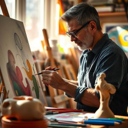 A blind man deeply focused on drawing a beautiful canvas, his hands skillfully moving with confidence, surrounded by an array of art supplies