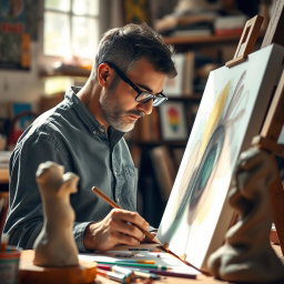 A blind man deeply focused on drawing a beautiful canvas, his hands skillfully moving with confidence, surrounded by an array of art supplies