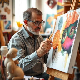 A blind man deeply focused on drawing a beautiful canvas, his hands skillfully moving with confidence, surrounded by an array of art supplies