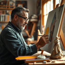 A blind man deeply focused on drawing a beautiful canvas, his hands skillfully moving with confidence, surrounded by an array of art supplies