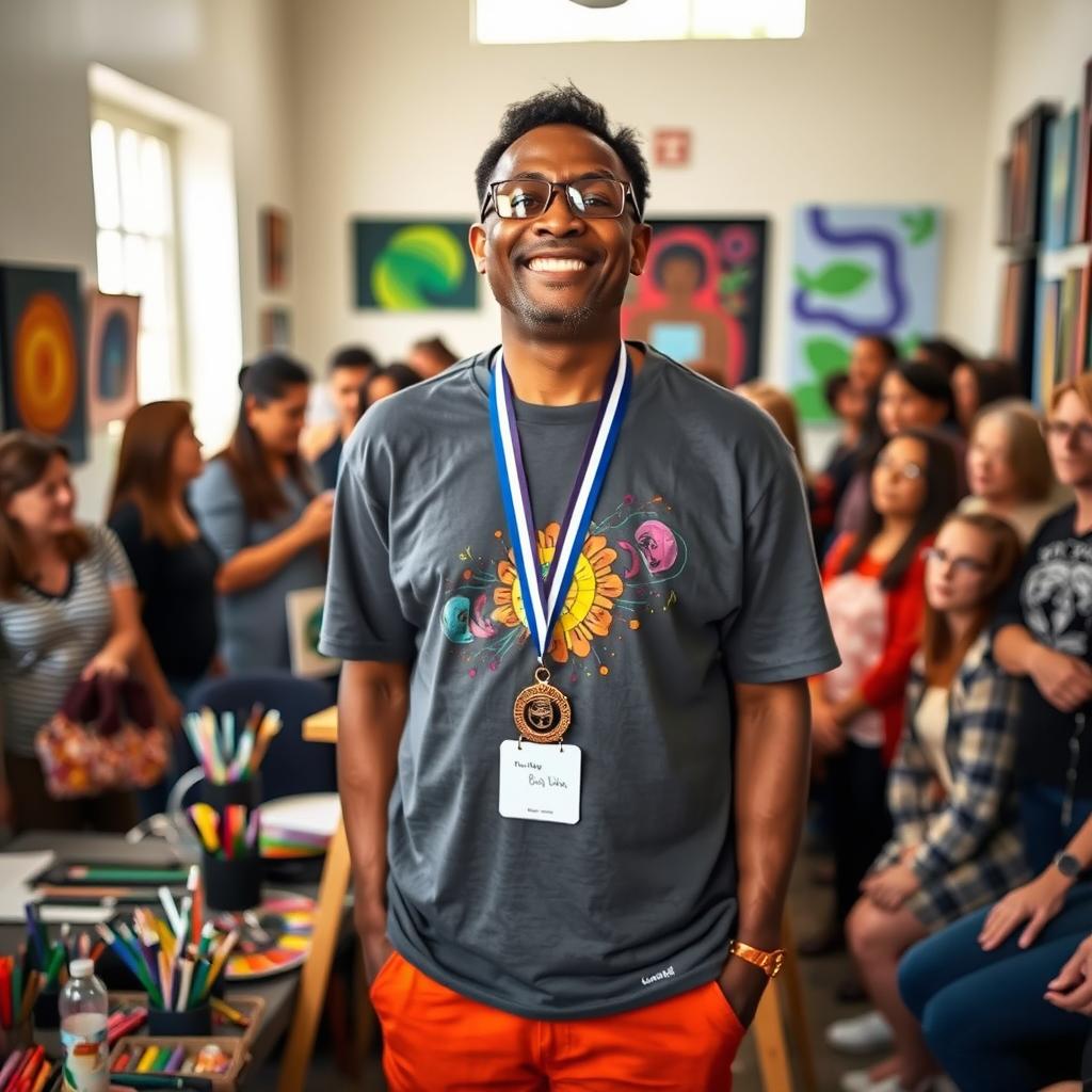 A blind man standing proudly in front of a vibrant drawing he created, surrounded by colorful art supplies and an audience of admirers, showcasing a joyous expression of triumph