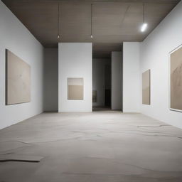 A vast, breathtaking avant-garde concrete gallery with a beach-like floor full of sand and mini dunes. Diverse artworks grace the walls, capturing the viewer's attention. The scene is peppered with tiny silhouettes, each deeply engrossed in viewing the artwork, captured in an architectural photography style.