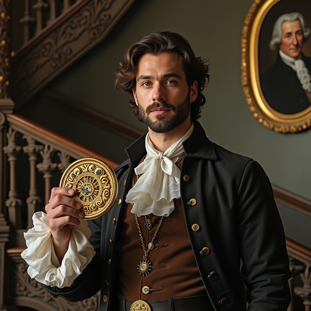 A handsome man from the 17th century with a well-groomed appearance, wearing elegant period attire, stands regally on a decorative staircase