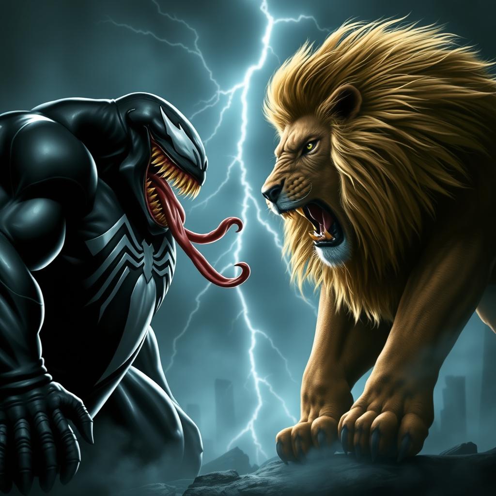 A dramatic standoff between Venom and a lion, set in a dark, stormy environment