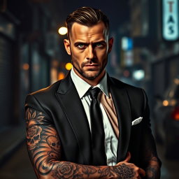 A rugged mafia man with striking green eyes, adorned with intricate tattoos covering his arms and chest