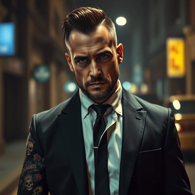 A rugged mafia man with striking green eyes, adorned with intricate tattoos covering his arms and chest