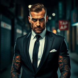 A rugged mafia man with striking green eyes, adorned with intricate tattoos covering his arms and chest