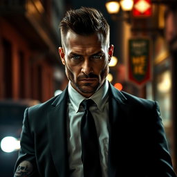 A rugged mafia man with striking green eyes, adorned with intricate tattoos covering his arms and chest