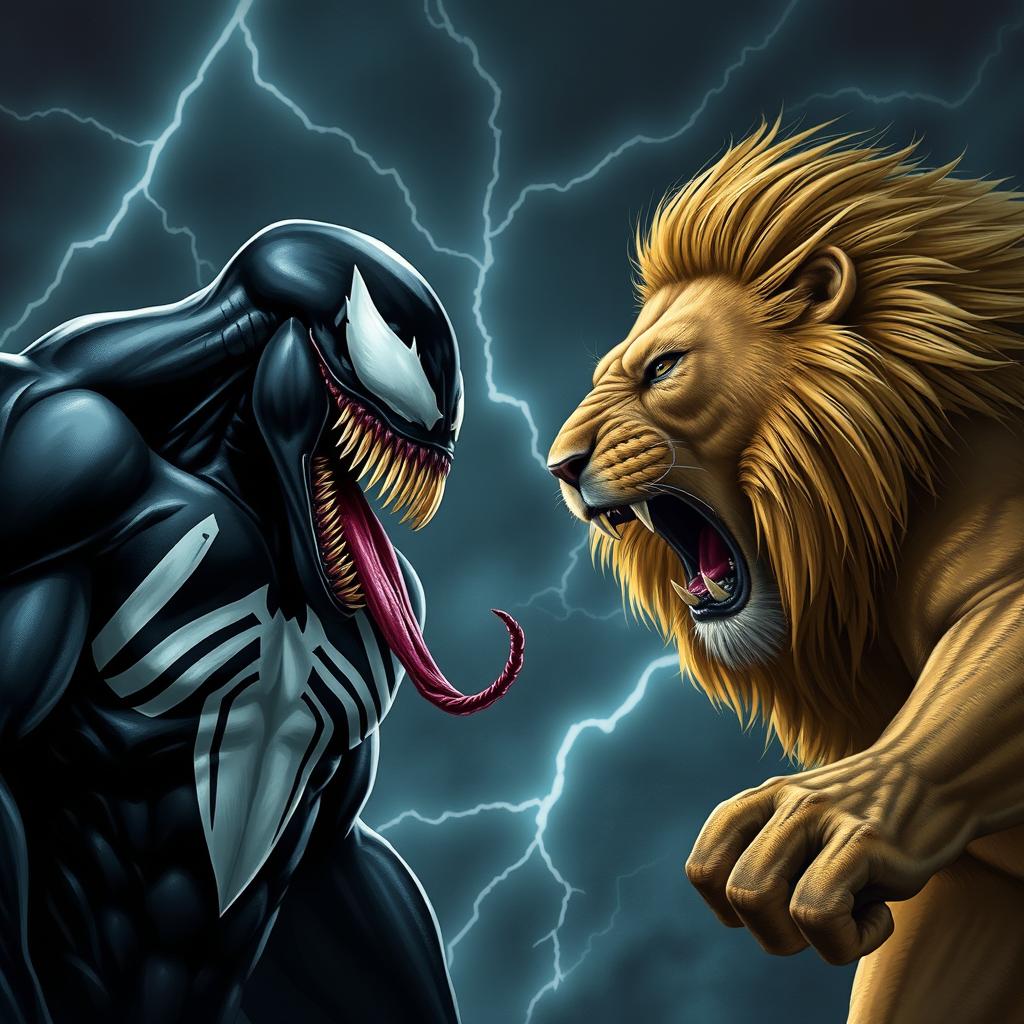 A dramatic standoff between Venom, the iconic symbiote with a muscular black body, white spider emblem on his chest, and a terrifying grin with sharp teeth and a long tongue, and a powerful lion with a golden mane roaring, its eyes filled with determination