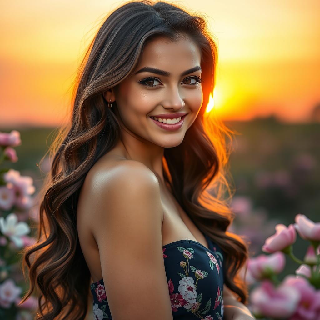 A stunningly attractive young woman with wavy long hair, wearing a stylish summer dress, standing against a vibrant sunset background