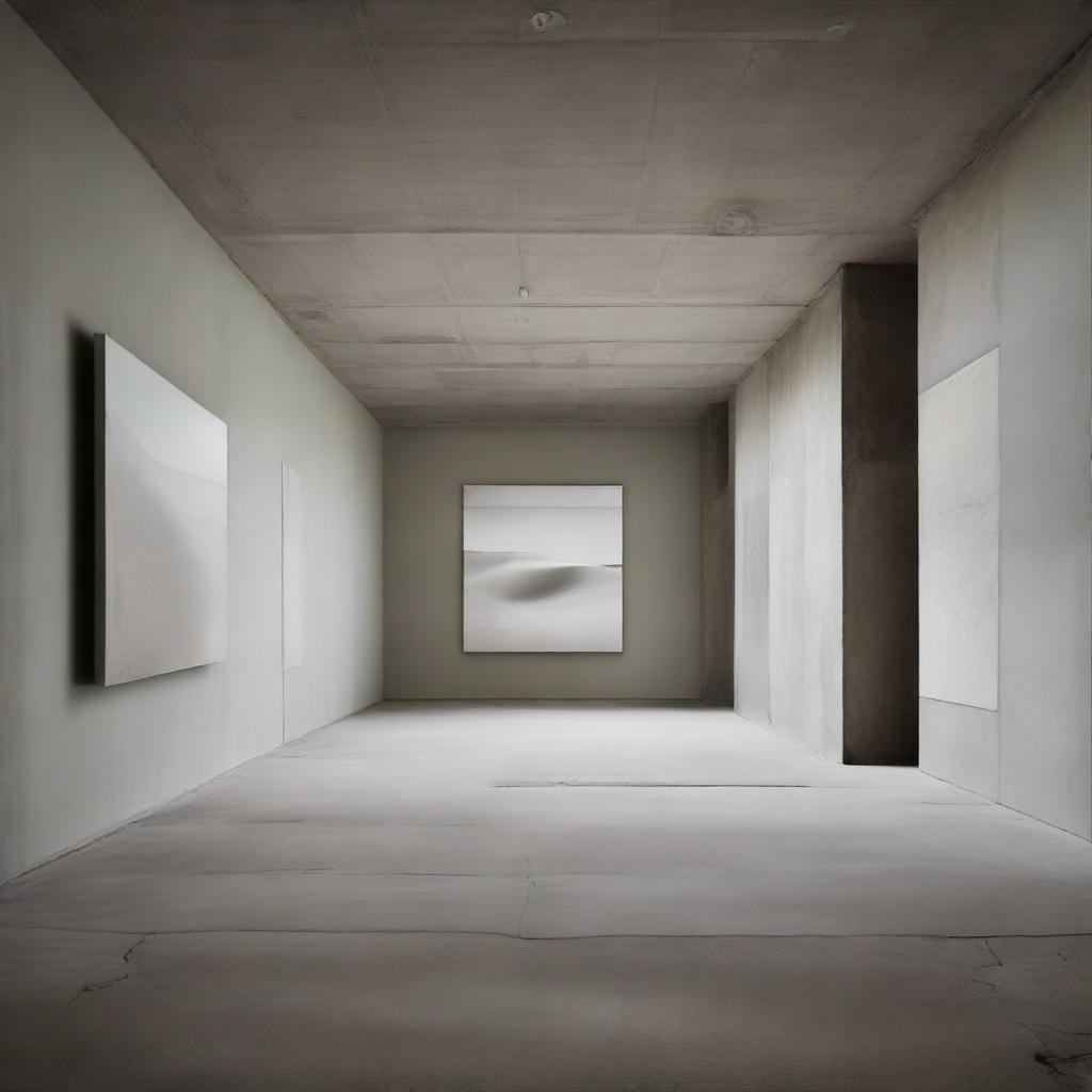 A vast, breathtaking avant-garde concrete gallery with a beach-like floor full of sand and mini dunes. Diverse artworks grace the walls, capturing the viewer's attention. The scene is peppered with tiny silhouettes, each deeply engrossed in viewing the artwork, captured in an architectural photography style.