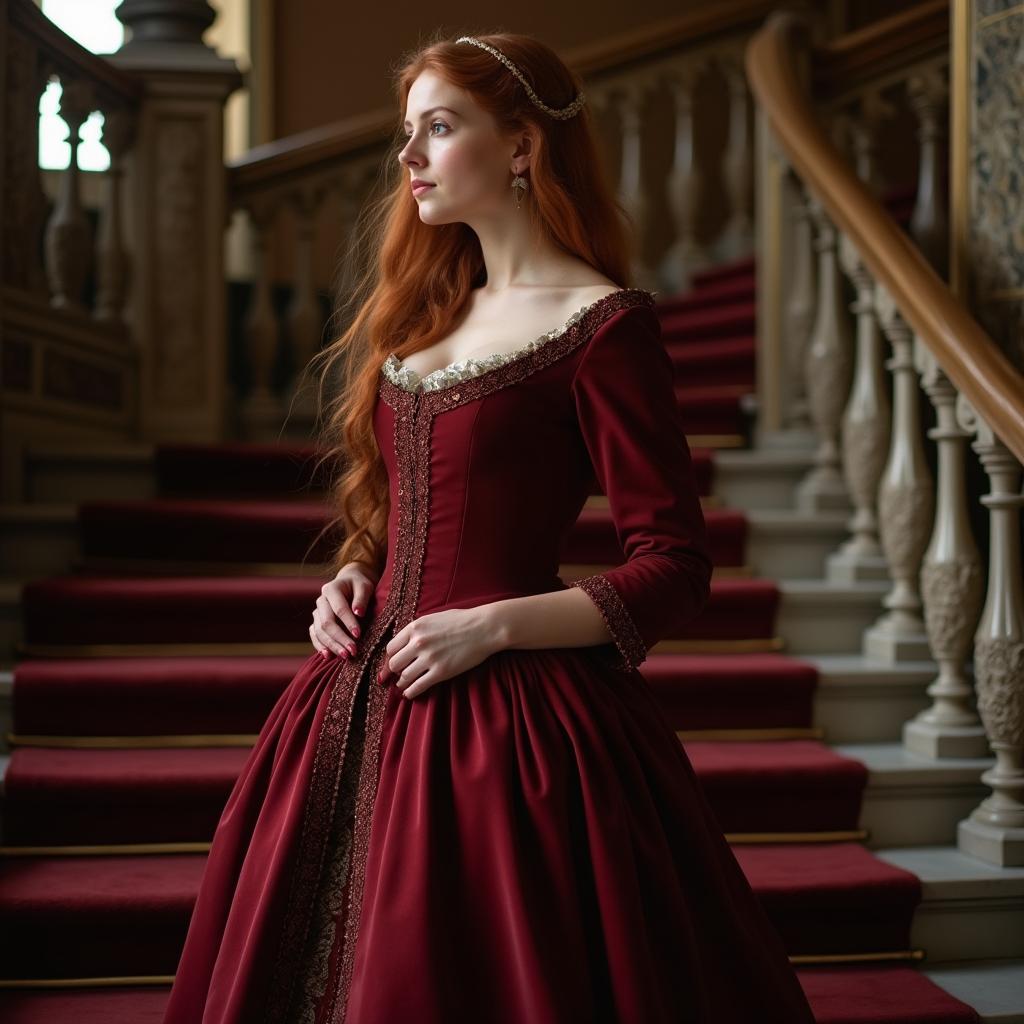 A stunning 17th century woman with flowing auburn hair stands gracefully on a grand staircase, wearing an exquisite deep red gown that elegantly drapes around her