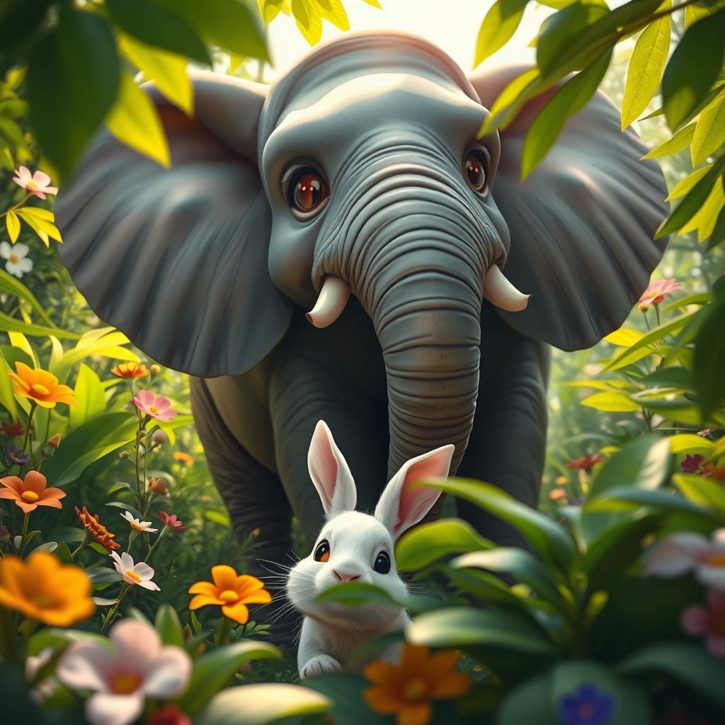 A whimsical scene depicting a large elephant defecating in a lush green jungle, with bright foliage and colorful flowers surrounding it