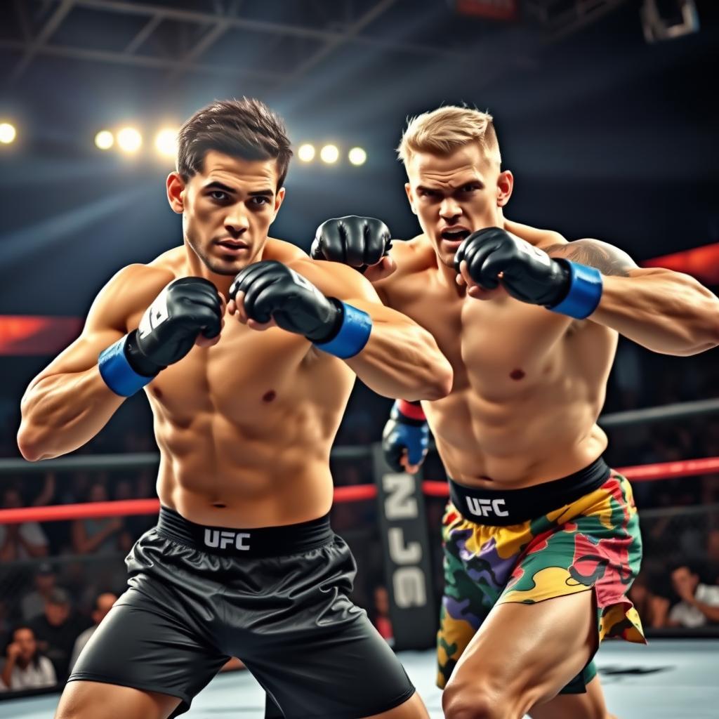 A dynamic scene of two strong, muscular men showcasing their skills in a mixed martial arts fight