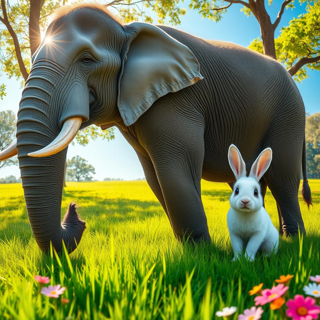 Whimsical Wildlife: A Humorous Elephant and Curious Rabbit Scene