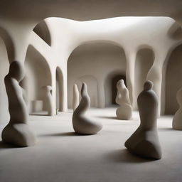 An enormous avant-garde concrete gallery with a beach-inspired floor. Intricate sand sculptures are stationed within the space, reflecting the artistic nature of the room. Diminutive silhouettes are dispersed, engrossed in the artwork and sculptures. The scene is depicted in a powerful architectural photography style.