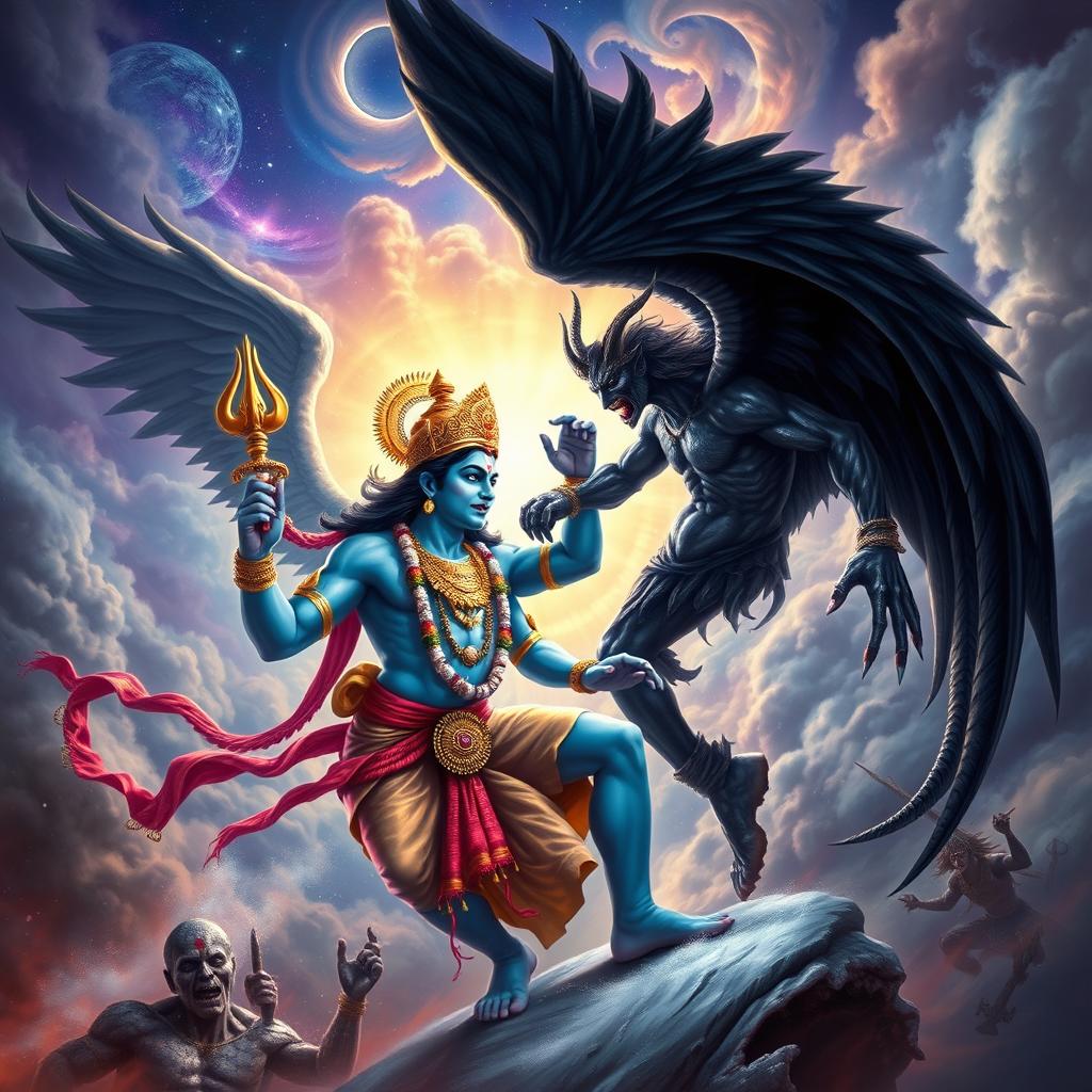 A dramatic and epic battle scene depicting Lord Vishnu, with his distinctive blue skin and adorned in rich traditional attire, wielding a discus and conch shell, facing off against Lucifer, portrayed with dark wings and a fierce expression, set against a celestial background with swirling clouds and a cosmic sky