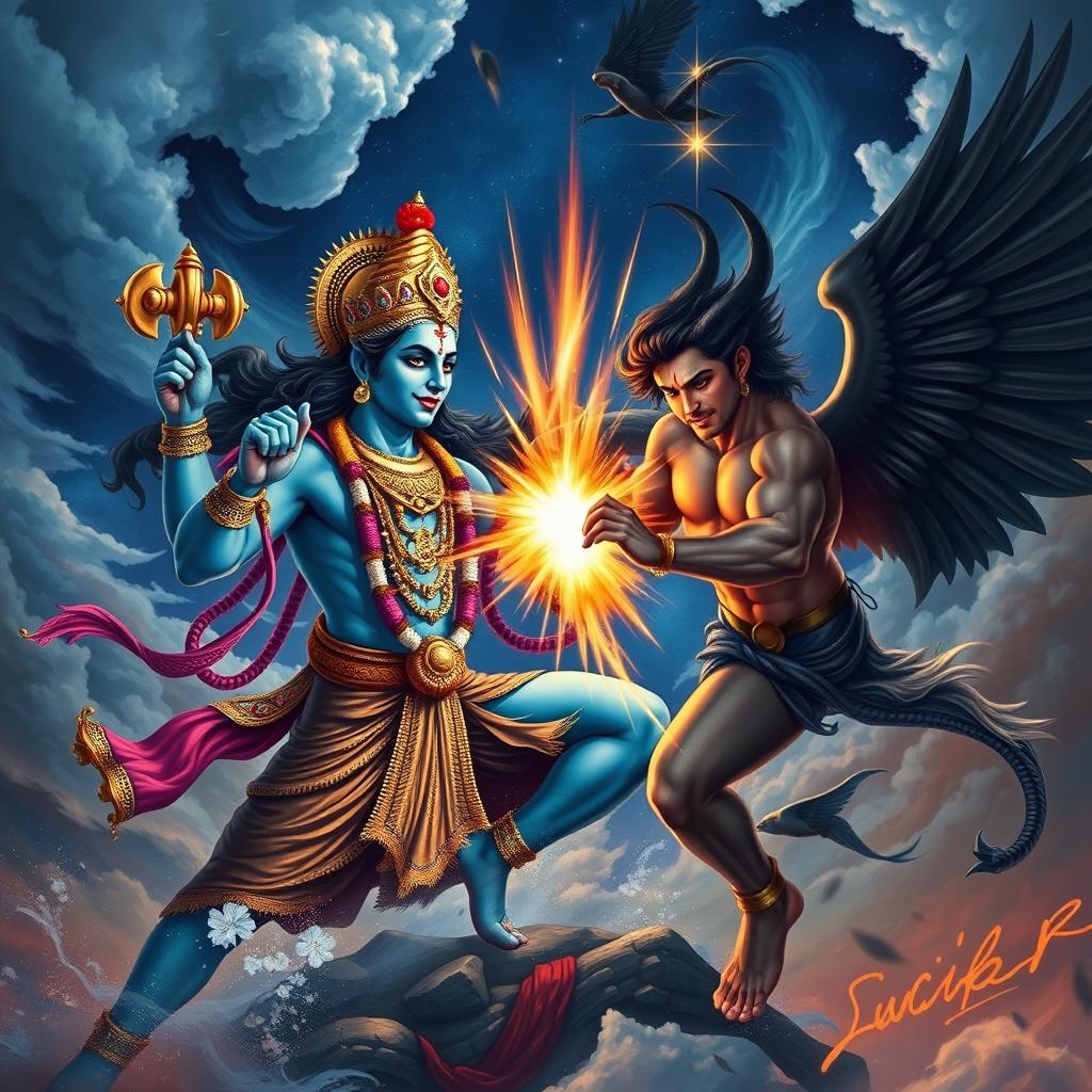 A dramatic and epic battle scene showcasing Lord Vishnu, with his beautiful blue skin and traditional ornate attire, wielding a discus and conch shell, in a fierce duel against a handsome and charming Lucifer, depicted with striking features, elegant dark wings, and an alluring expression