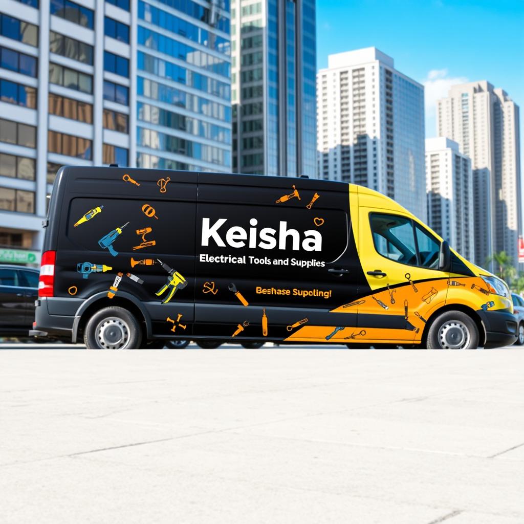 A delivery vehicle featuring the company name 'Keisha Electrical Tools and Supplies', designed as a modern, sleek van