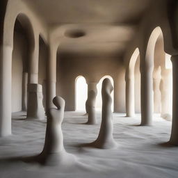 An enormous avant-garde concrete gallery with a beach-inspired floor. Intricate sand sculptures are stationed within the space, reflecting the artistic nature of the room. Diminutive silhouettes are dispersed, engrossed in the artwork and sculptures. The scene is depicted in a powerful architectural photography style.