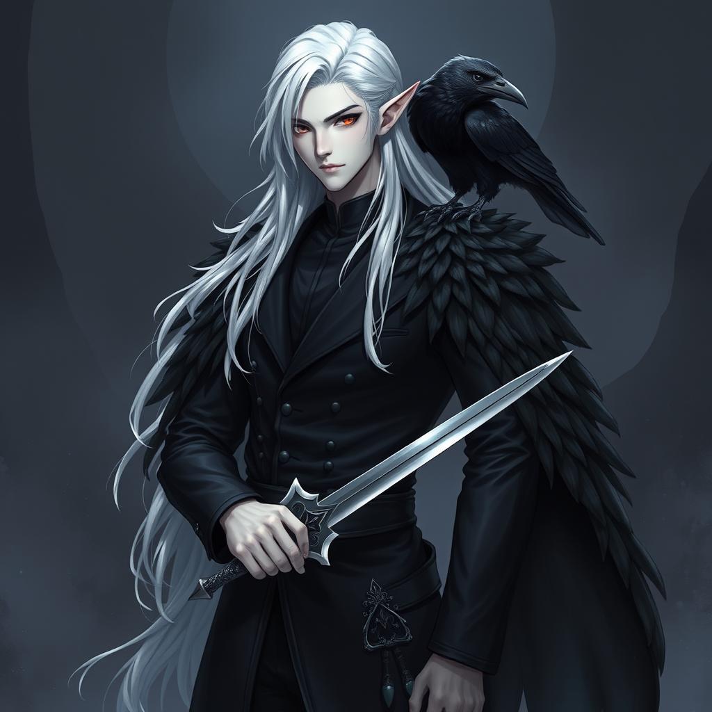 A male Shadar-Kai dark rogue-lock character standing confidently with striking features